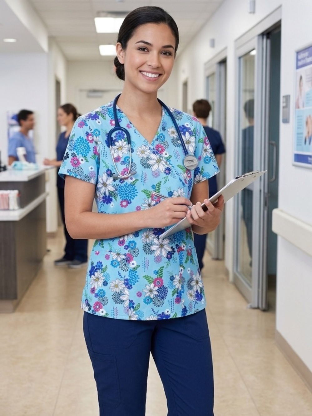 SB Scrubs women's size S scrub Top Blue Floral print v-neck short sleeve pockets